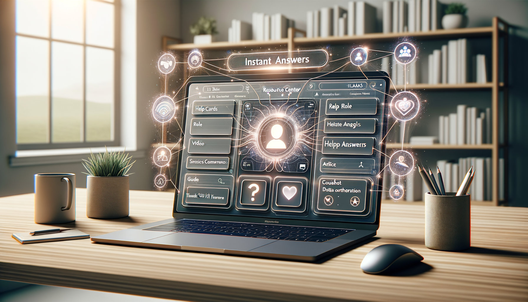 Open laptop on a tidy home office desk showing a futuristic AI assistant dashboard with glowing icons and holographic links, beside a mug, small plant, mouse, pencils, and bookshelves in soft daylight.