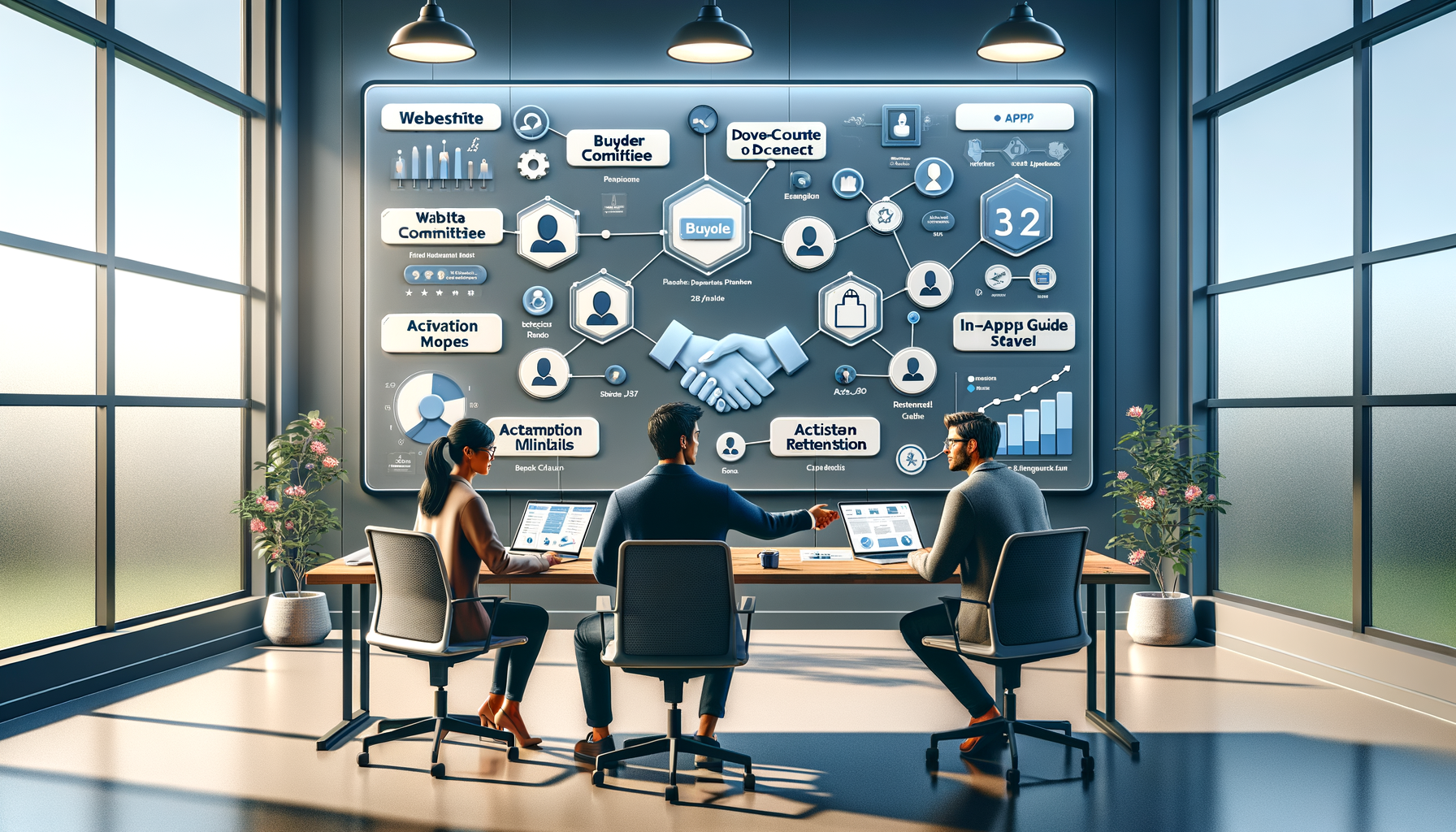 Three professionals collaborate in a glass-walled office, reviewing a wall-mounted product analytics dashboard with flowcharts, KPIs, charts, and retention metrics displayed on a large digital board.
