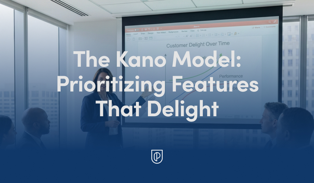 Office presentation on the Kano Model as a presenter points to a slide titled 'Customer Delight Over Time', showing curved feature-priority lines, while a team watches in a glass-walled conference room.