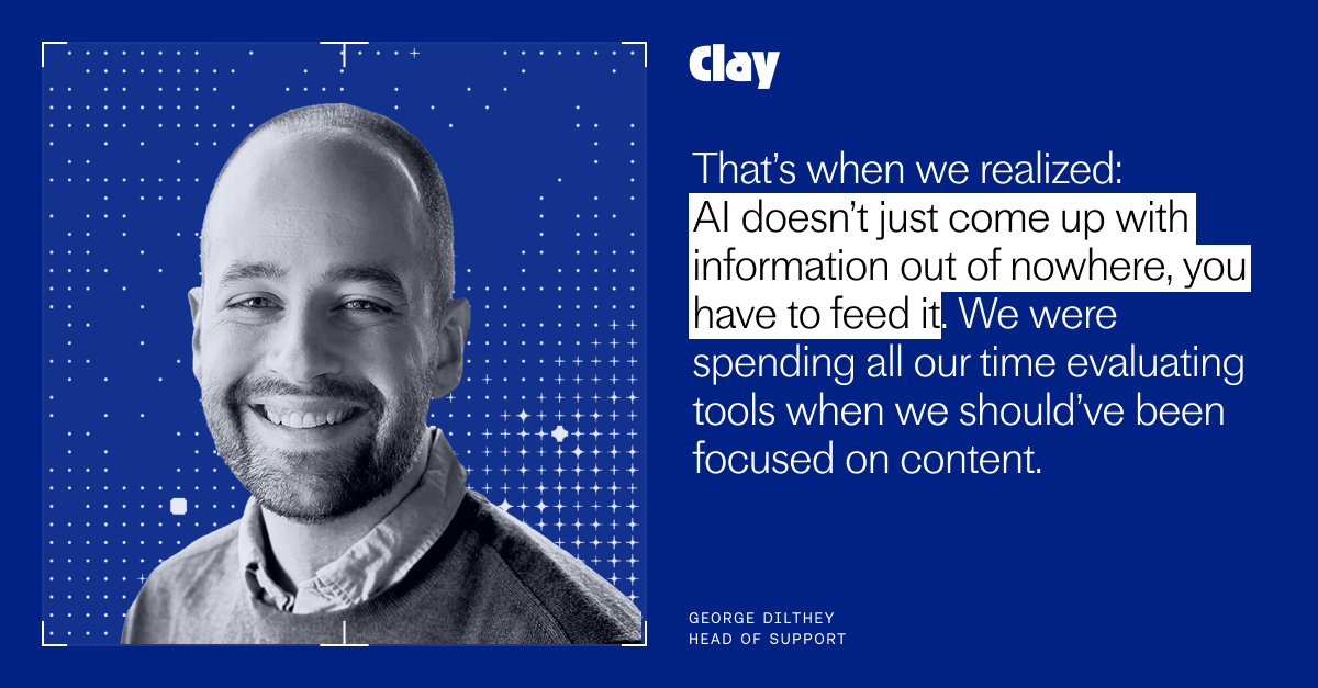 Blue Clay-branded graphic with a grayscale headshot of a smiling support leader on the left and a large quote stating that AI must be fed with content, created for the 2026 customer service planning series, Vol. 04.