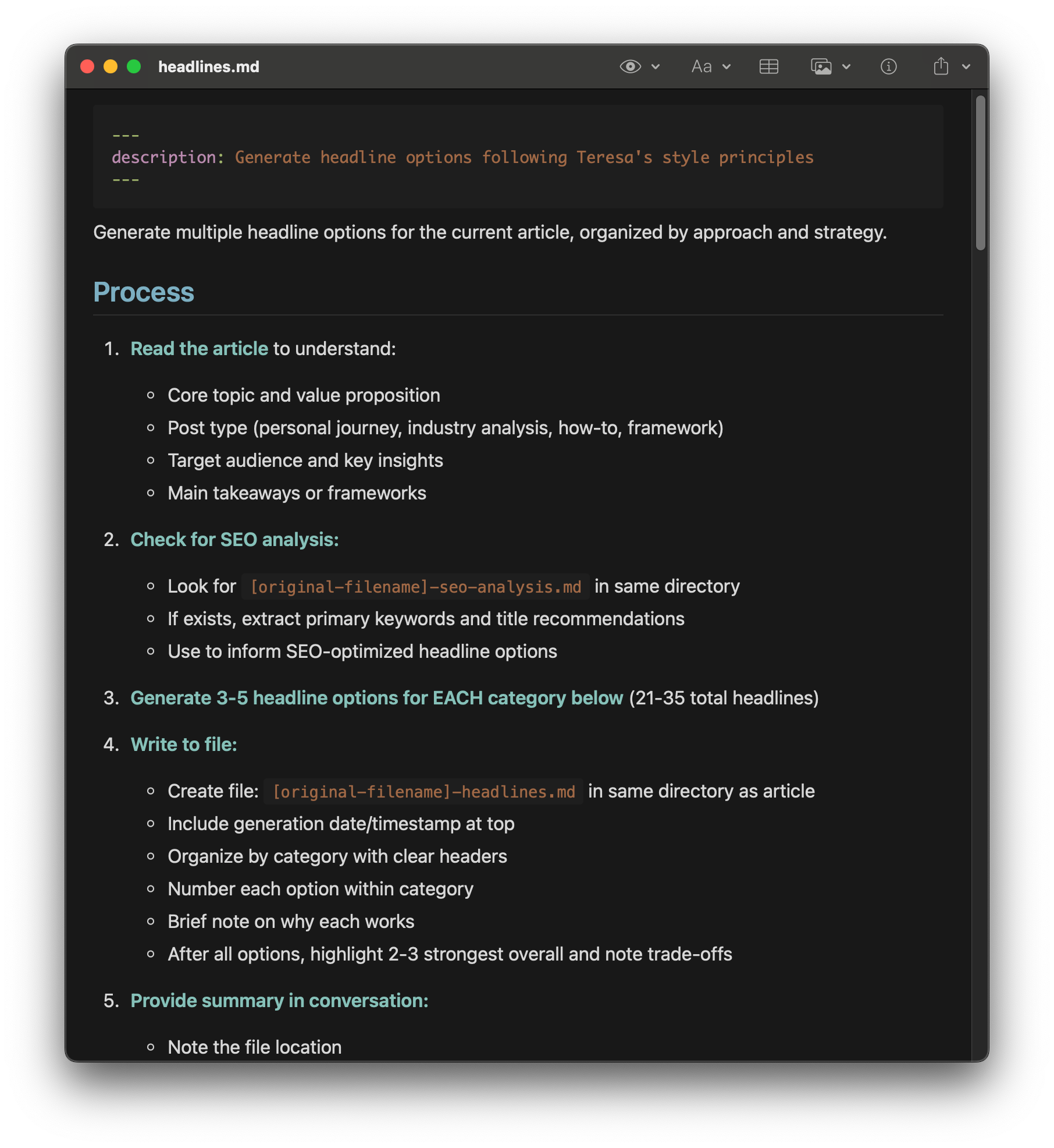 Screenshot of a dark-theme code editor displaying headlines.md, a Markdown checklist outlining a five-step process to generate SEO-optimized headline options in a Claude Code article-writing workflow.