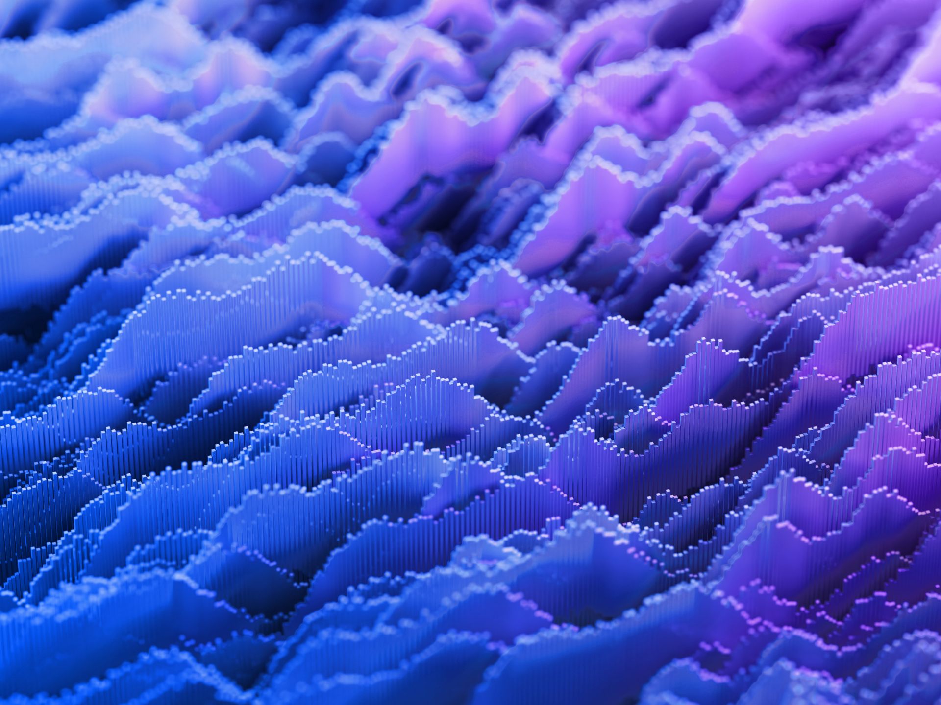 Abstract 3D data landscape of tiny vertical bars forming wavy ridges in blue‑purple gradients, resembling layered charts and terrain that suggest analytics patterns and automated insights.