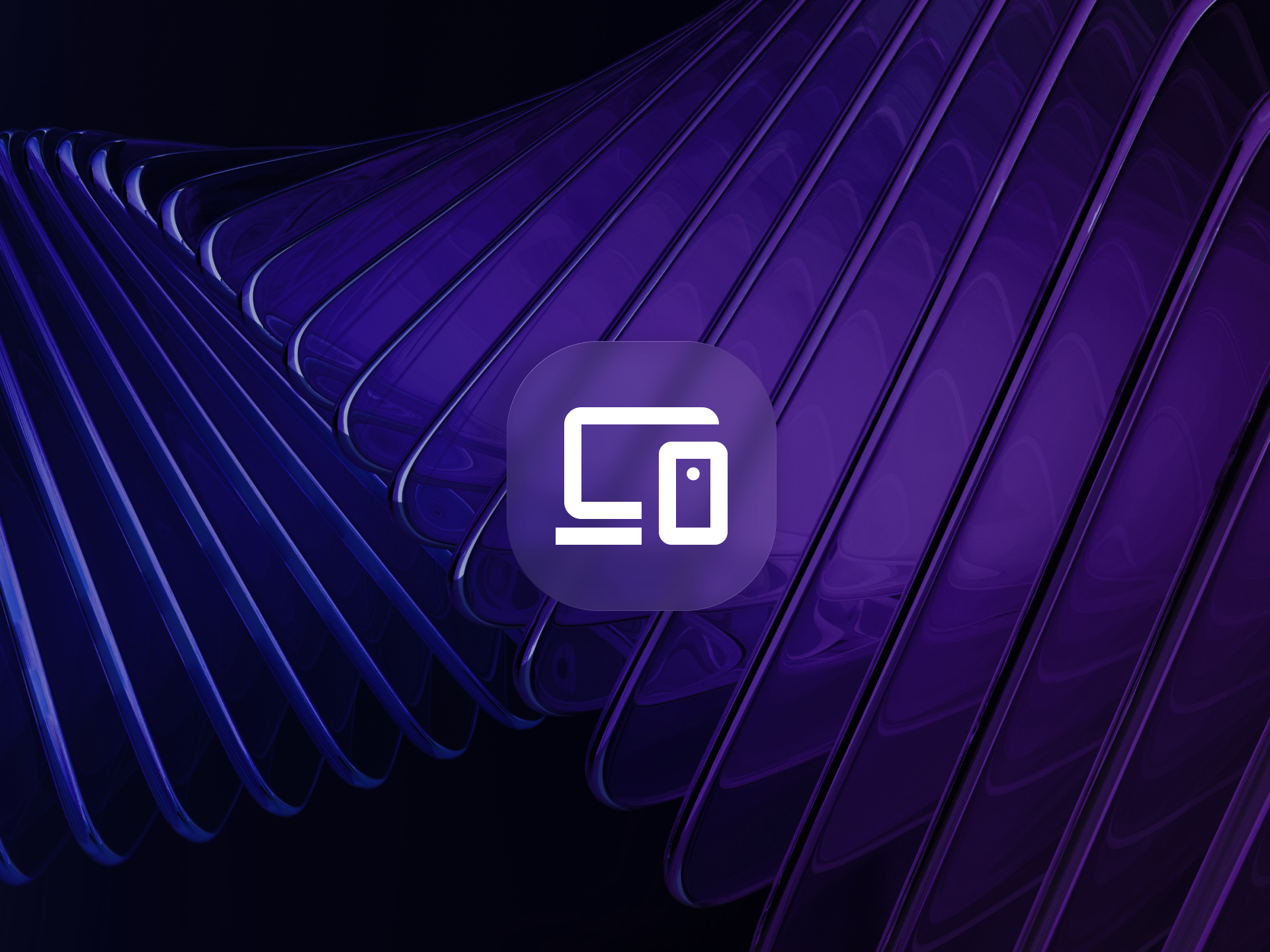 Abstract purple 3D layered panels with a rounded square icon of a laptop and smartphone in the center, symbolizing cross-platform software and digital product analytics for B2B technology benchmarks.