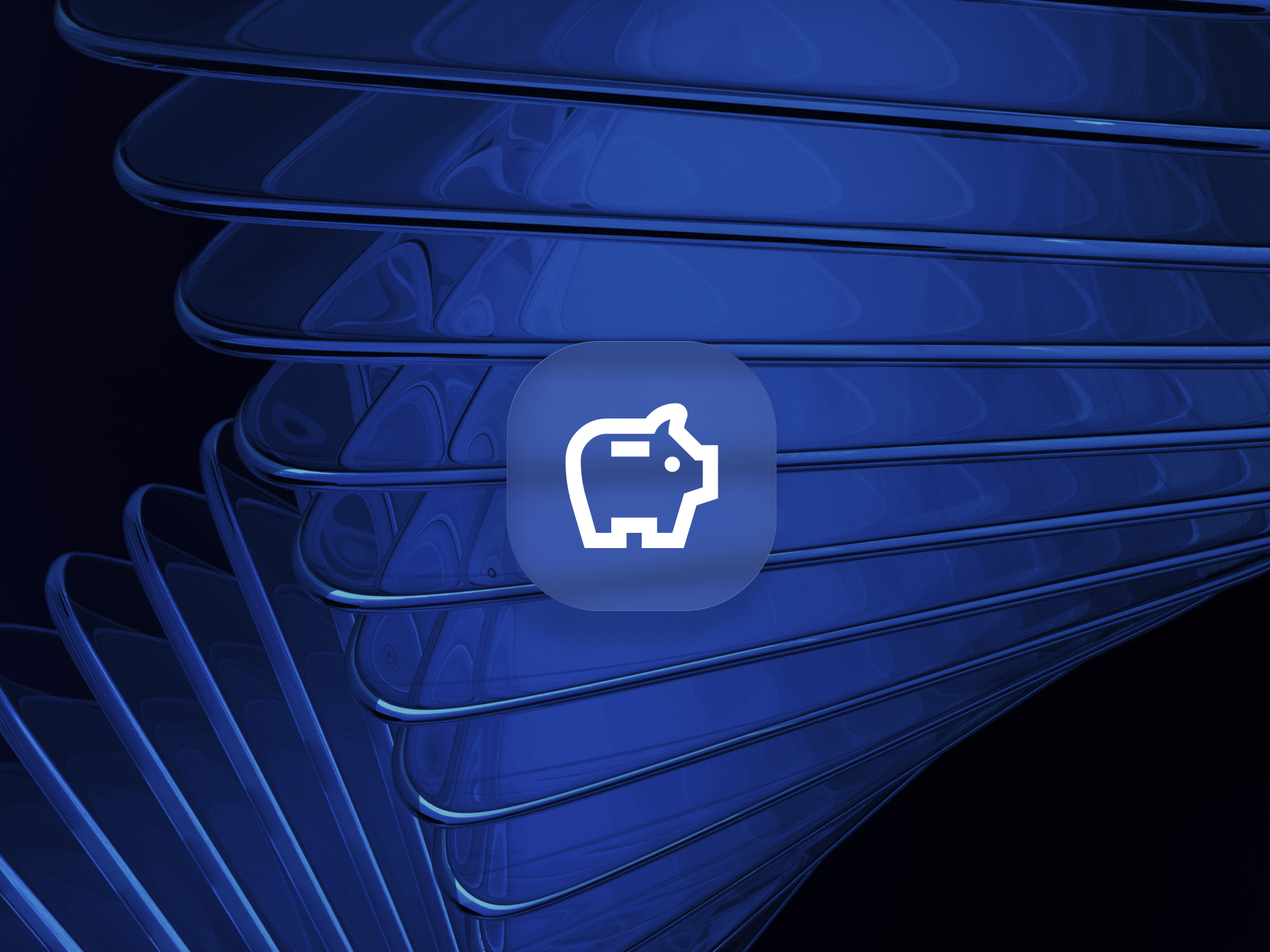 Abstract blue layered panels create a dynamic backdrop, centered on a rounded-square app icon with a white piggy bank outline, evoking savings, fintech, and product performance benchmarks.