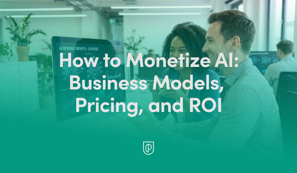 Office scene with two colleagues reviewing AI revenue charts on a monitor, overlaid headline reading How to Monetize AI: Business Models, Pricing, and ROI in large white type across a green gradient.