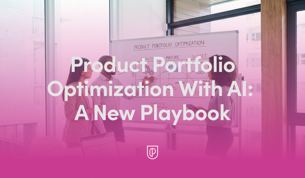 Three professionals in a glass-walled office review a whiteboard titled “Product Portfolio Optimization” with lifecycle stages, while overlay text presents an AI-driven playbook for product strategy and decisions.