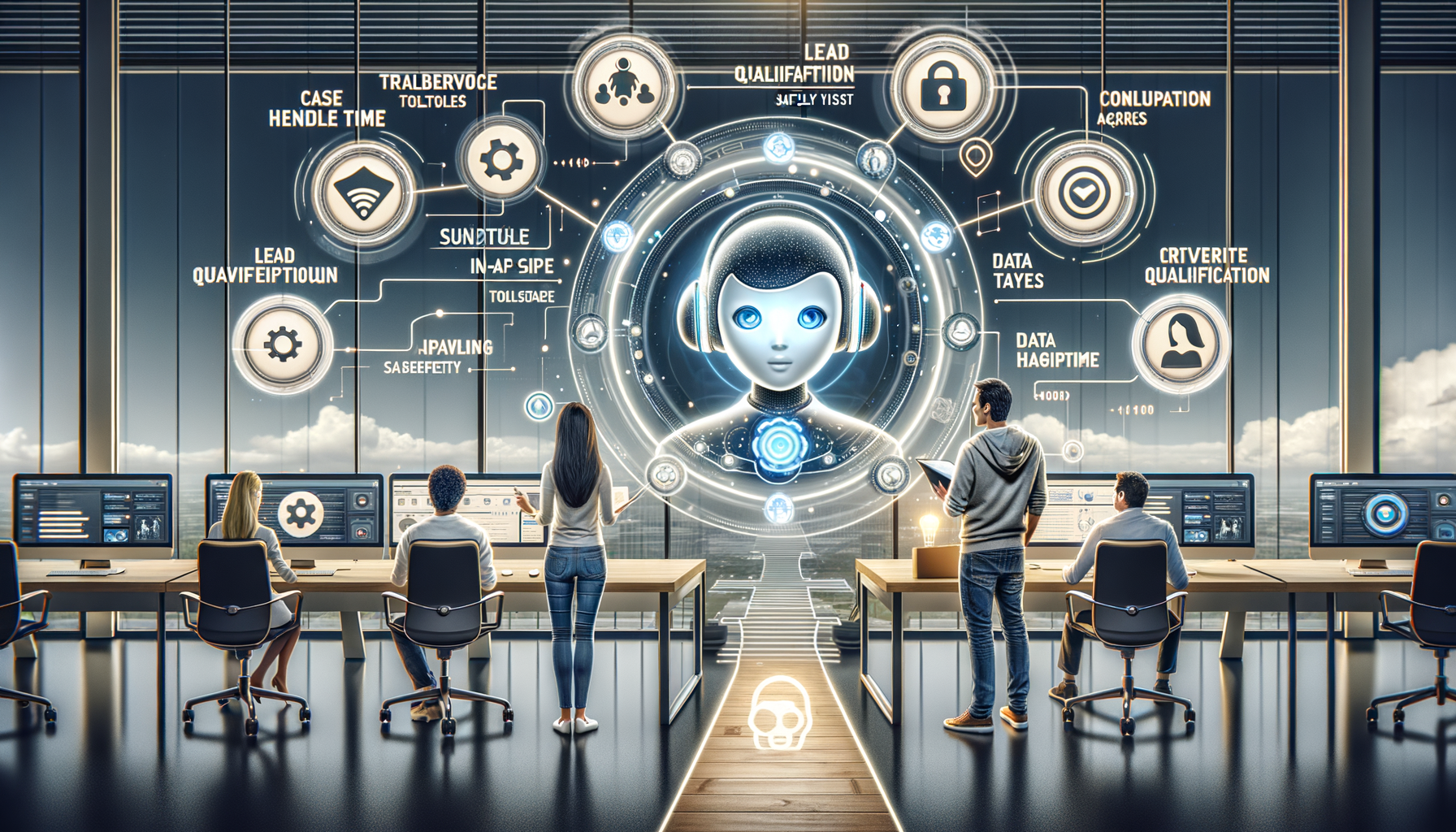 Futuristic office where analysts monitor dashboards as a central holographic AI avatar and floating UI icons depict automation, data analytics, CRM workflows, security, lead scoring, and customer support.