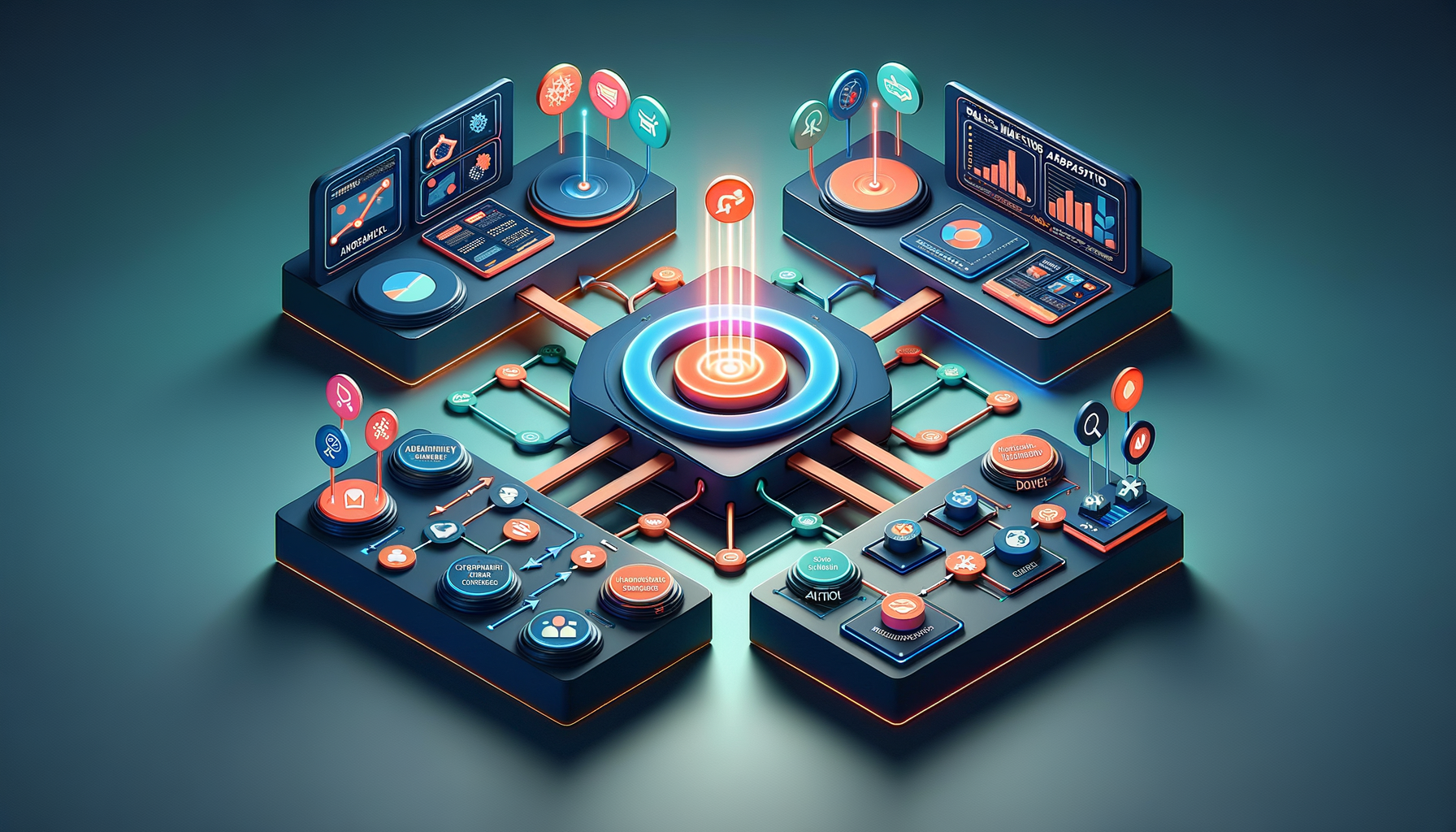 Futuristic isometric dashboard with a glowing central hub that links modular panels of charts, icons, and pipelines, depicting data integration, workflow automation, and analytics across a connected digital platform.
