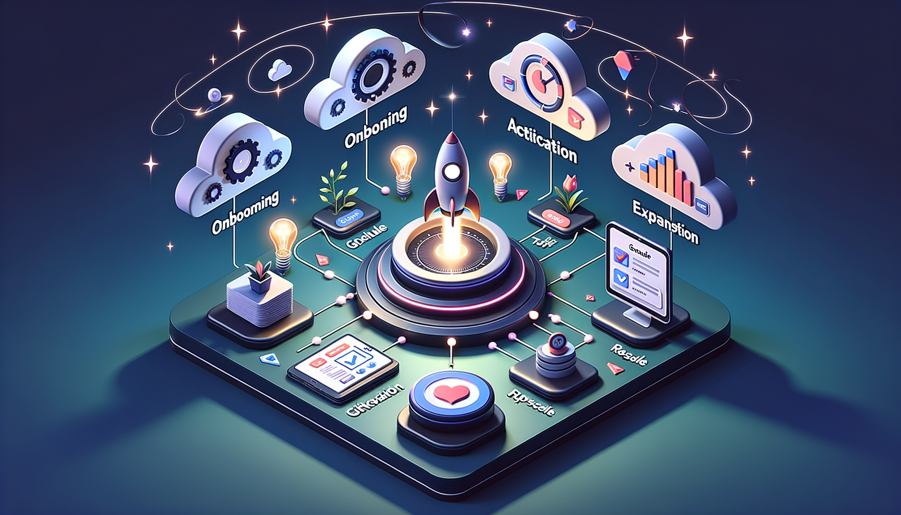 Isometric 3D illustration of a startup growth workflow: a rocket launches from a circular platform, connected to cloud nodes for onboarding, activation, and expansion, with charts and UI icons.