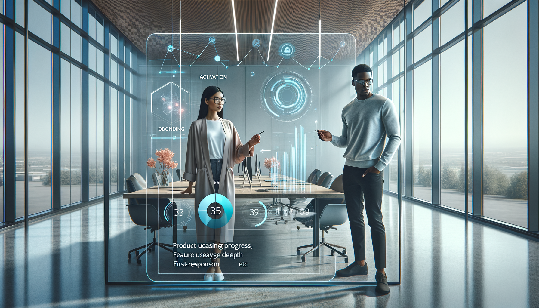 Two professionals collaborate in a glass-walled conference room, interacting with a transparent AR dashboard that overlays charts, activation and onboarding metrics, and circular analytics above a long meeting table.