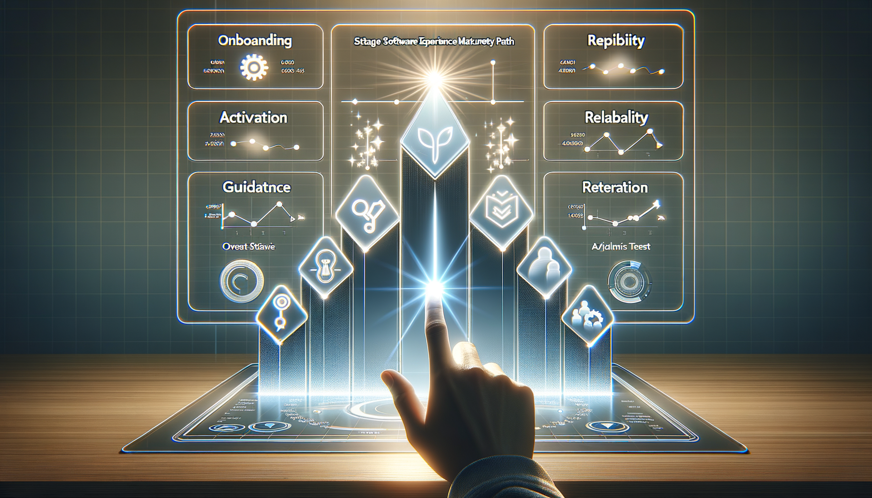 Hand interacting with a holographic dashboard that maps a software experience maturity path, showing modules for onboarding, activation, guidance, reliability, and iteration with charts and KPIs.