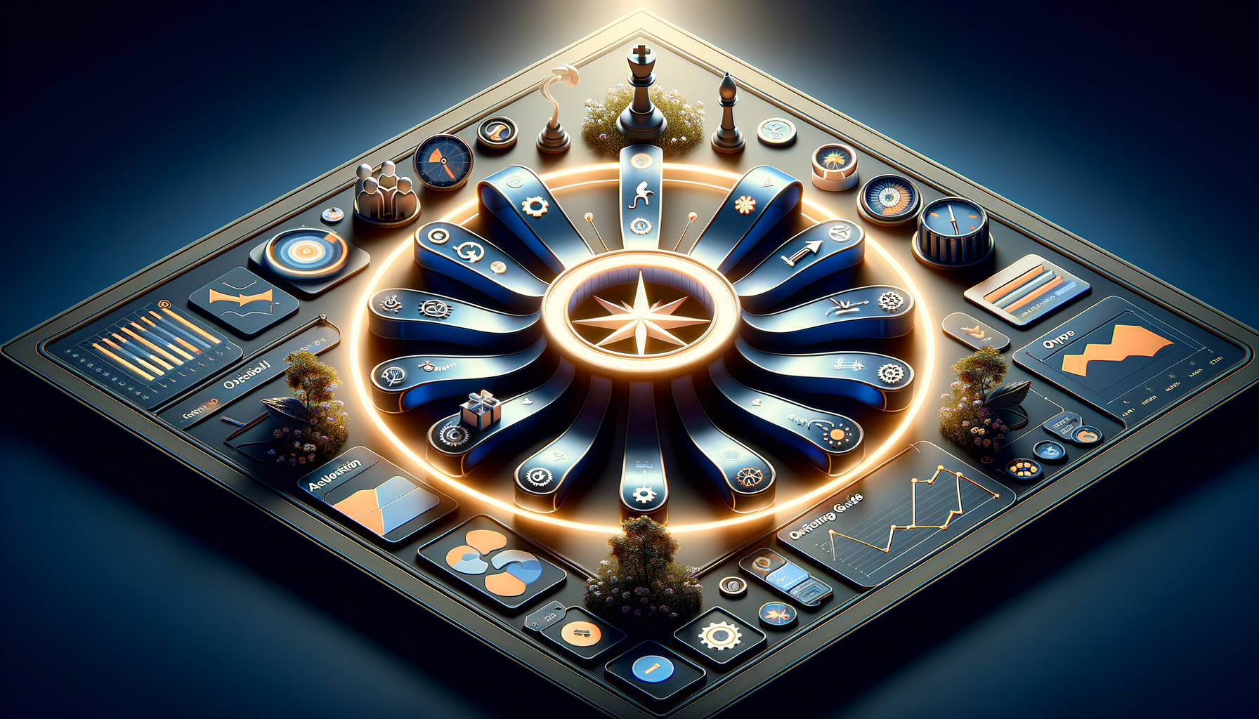 Futuristic 3D dashboard with a glowing radial compass at center, encircled by curved panels of icons and gears, plus charts, gauges, and KPI widgets in blue and gold, illustrating strategy and analytics.