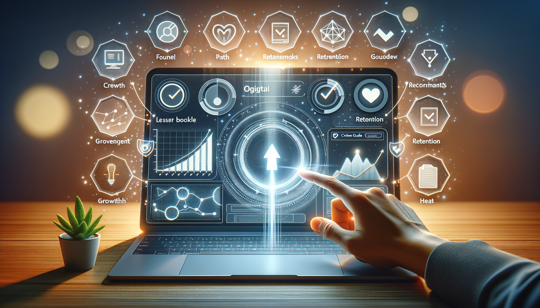 Futuristic laptop on a wooden desk shows analytics dashboards and growth charts. A hand taps a glowing arrow as holographic icons for funnel, retention, and KPIs float around the screen in warm light.
