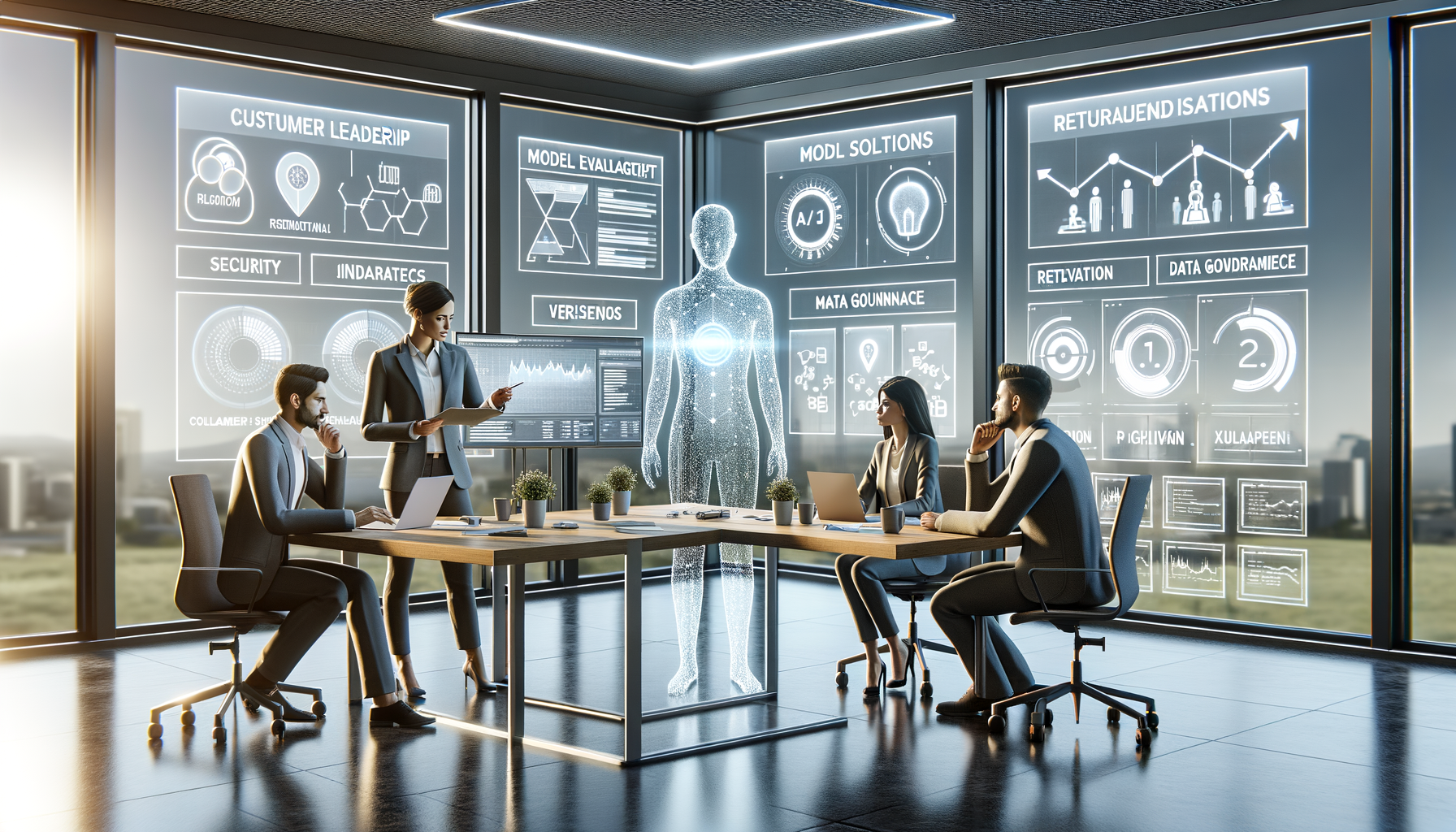Five professionals meet in a glass-walled office, reviewing dashboards and a holographic human figure while discussing AI model evaluation, security, data governance, and performance metrics.