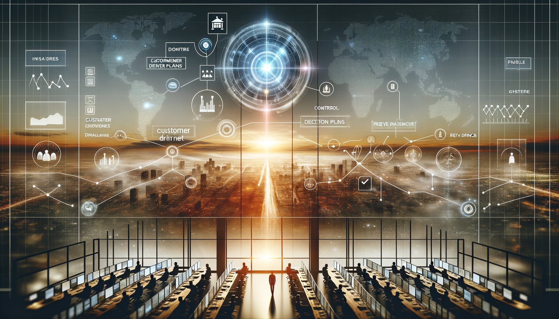Futuristic command center overlooking a city at sunset, with analysts at computer stations and a transparent interface showing world maps, charts, and AI-driven data visualizations.