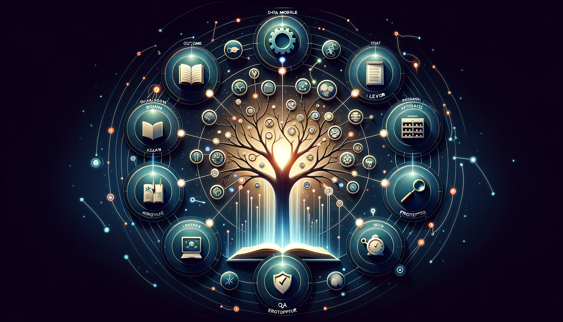 Futuristic infographic of a glowing knowledge tree rising from an open book, surrounded by connected icons for AI, data, research, QA, and learning on a dark, starry tech background.
