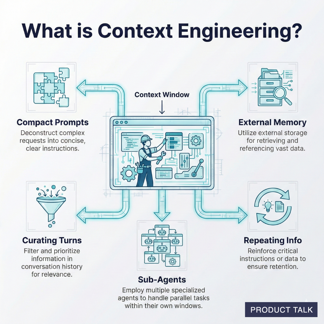 Infographic titled What is Context Engineering? visualizing a context window with arrows and five strategies: compact prompts, external memory, curating turns, repeating info, and sub-agents.