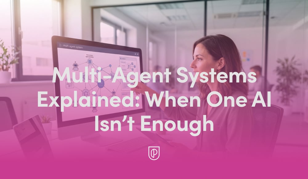 Modern office scene with a professional pointing to a desktop monitor showing a multi-agent system diagram; overlay headline reads 'Multi-Agent Systems Explained: When One AI Isn't Enough'.