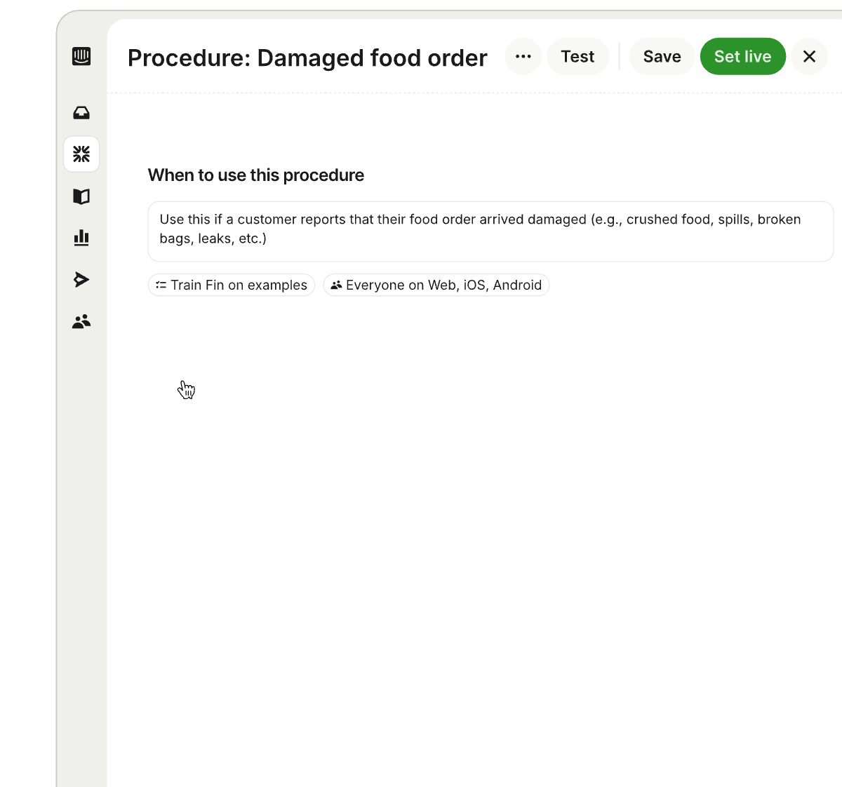 Interface screenshot of a customer service Procedures editor titled 'Procedure: Damaged food order,' showing when-to-use guidance, Train Fin on examples, and Test, Save, Set live actions.