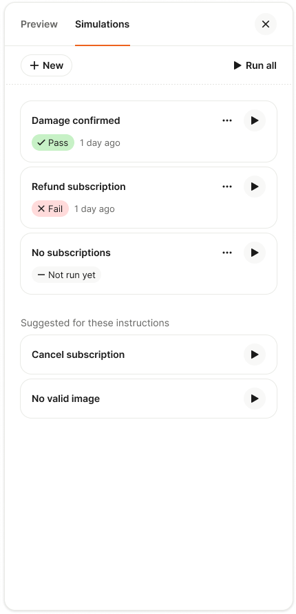 Screenshot of a Simulations panel for AI support workflows, listing scenarios: Damage confirmed (Pass), Refund subscription (Fail), No subscriptions (Not run yet), with Run all, New, and suggested tests.