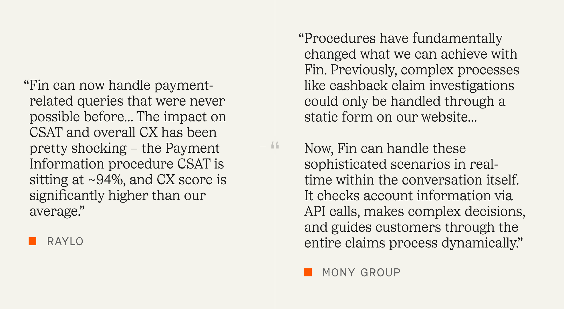 Two-column graphic with customer testimonials on Fin’s Procedures and Simulations update, citing payment query handling, ~94% CSAT for Payment Information, and real-time claims via API-driven decisions.