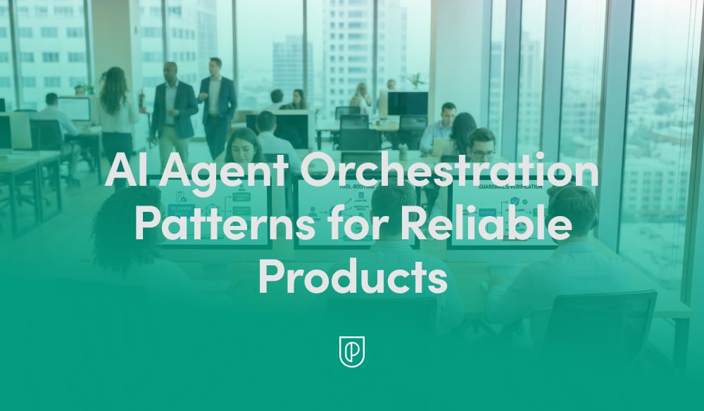 Open-plan office scene with teams working at laptops near floor-to-ceiling windows and a city skyline, overlaid with the headline 'AI Agent Orchestration Patterns for Reliable Products'.