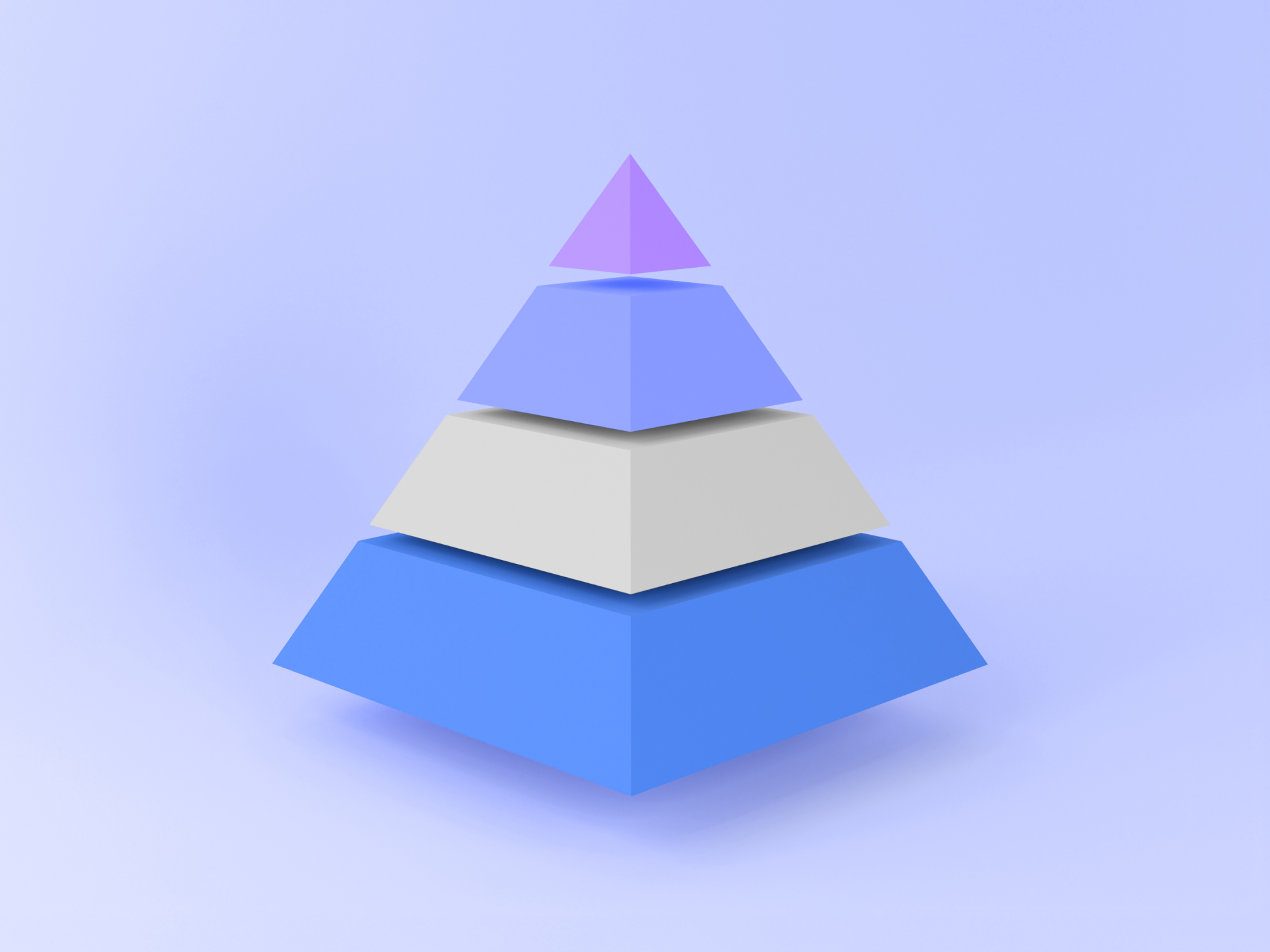 3D layered pyramid in blue, gray, and violet on a soft gradient background, illustrating a scalable analytics taxonomy hierarchy with strong foundations and a focused apex for governance and measurement.