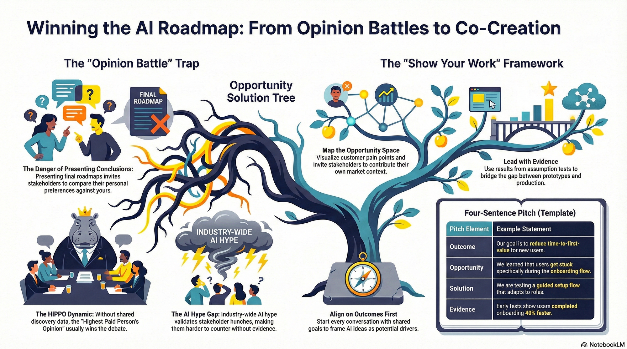 Infographic for product team stakeholder management, contrasting the 'Opinion Battle' trap with a 'Show Your Work' AI roadmap: opportunity solution tree, outcomes-first alignment, evidence, and pitch template.