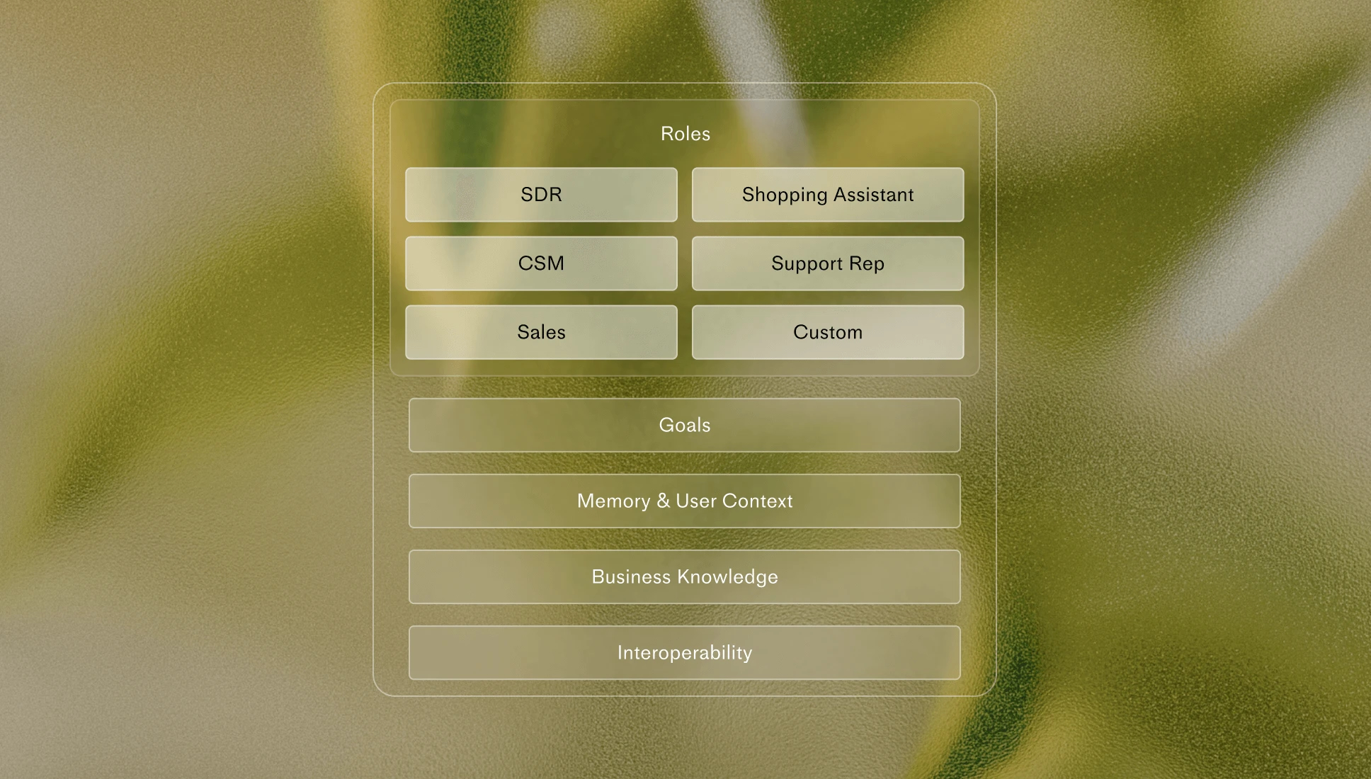 Diagram of an AI support blueprint showing roles (SDR, CSM, Sales, Shopping Assistant, Support Rep, Custom) stacked above layers for Goals, Memory & User Context, Business Knowledge, and Interoperability.