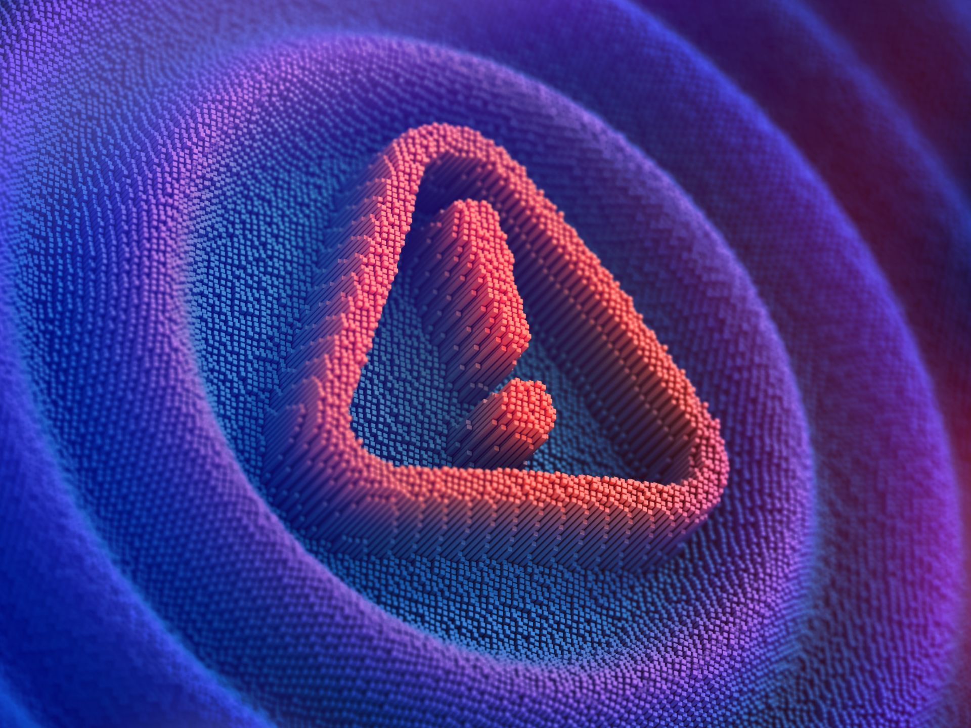 Abstract 3D voxel illustration of a triangular warning icon with an exclamation mark emerging from concentric waves in blue‑purple and coral tones, symbolizing risk alerts and data signals.