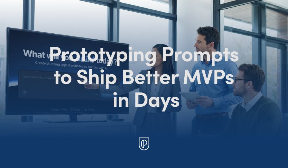 Team in a modern office reviews an AI app prototype on a large screen, with the title 'Prototyping Prompts to Ship Better MVPs in Days' overlayed, illustrating fast, collaborative MVP development.