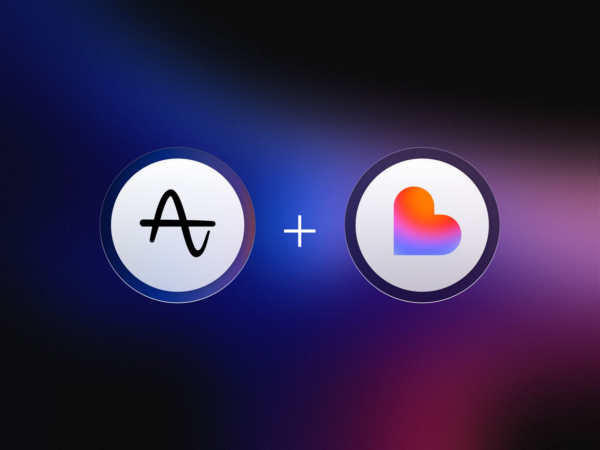 Two circular logos on a dark blue-to-purple gradient backdrop show Amplitude's A waveform icon and Lovable's multicolor heart badge, separated by a white plus sign to signal a product partnership.