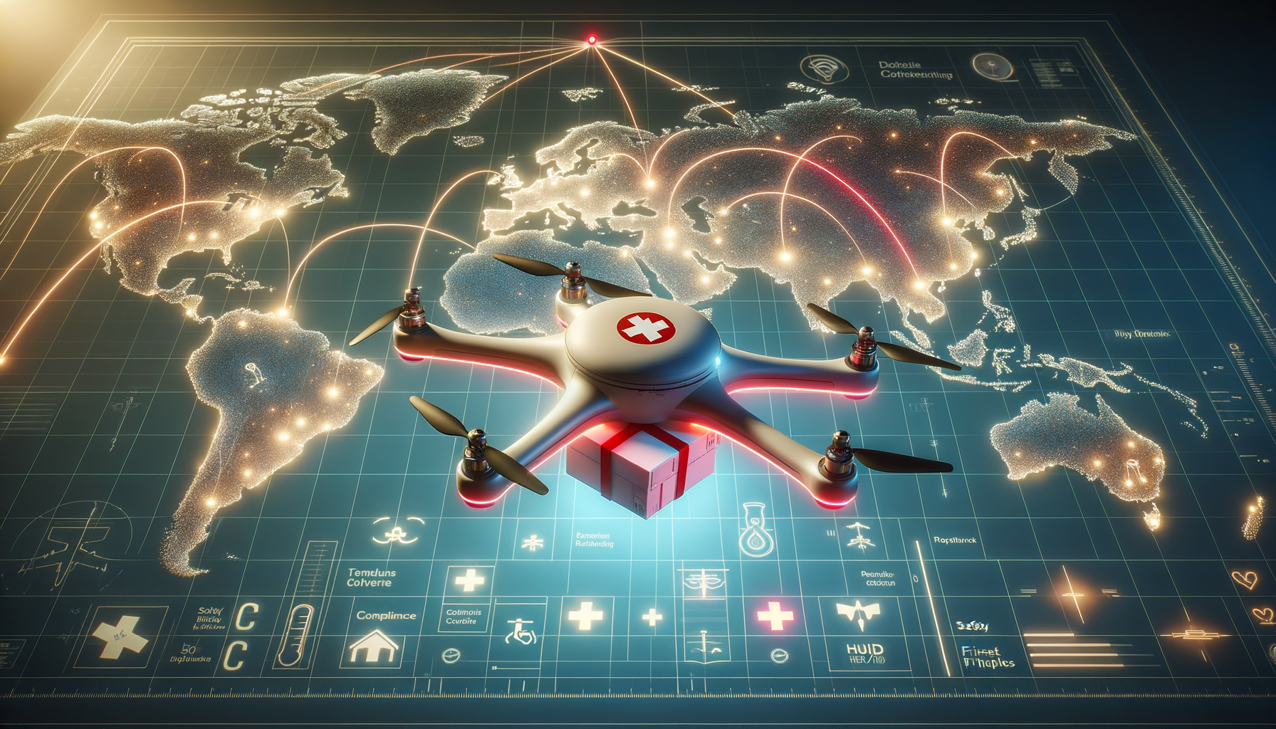 Medical delivery drone bearing a package above a glowing digital world map, with connected flight paths and healthcare icons, symbolizing global emergency logistics and last‑mile aid networks.