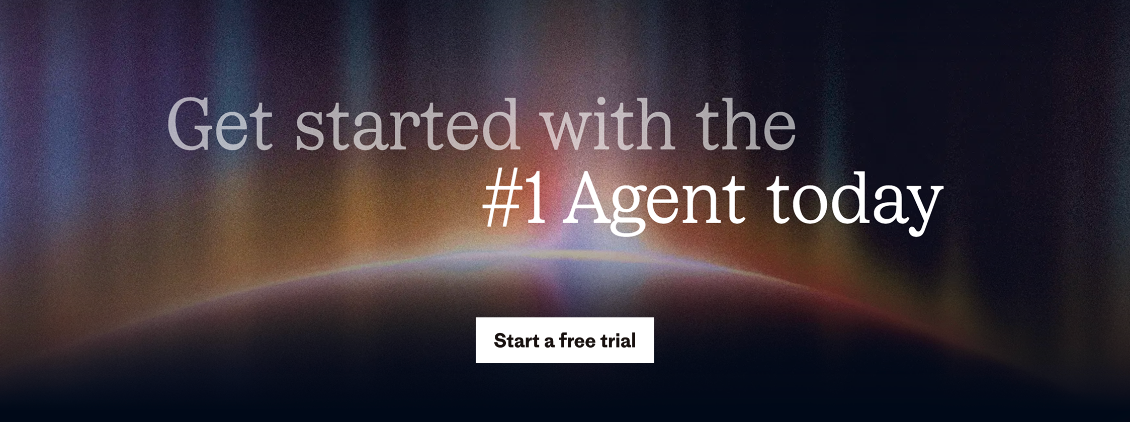 Promotional banner reading "Get started with the #1 Agent today" over a dark, aurora-like gradient background, featuring a white button labeled "Start a free trial"; marketing graphic for an AI support agent.