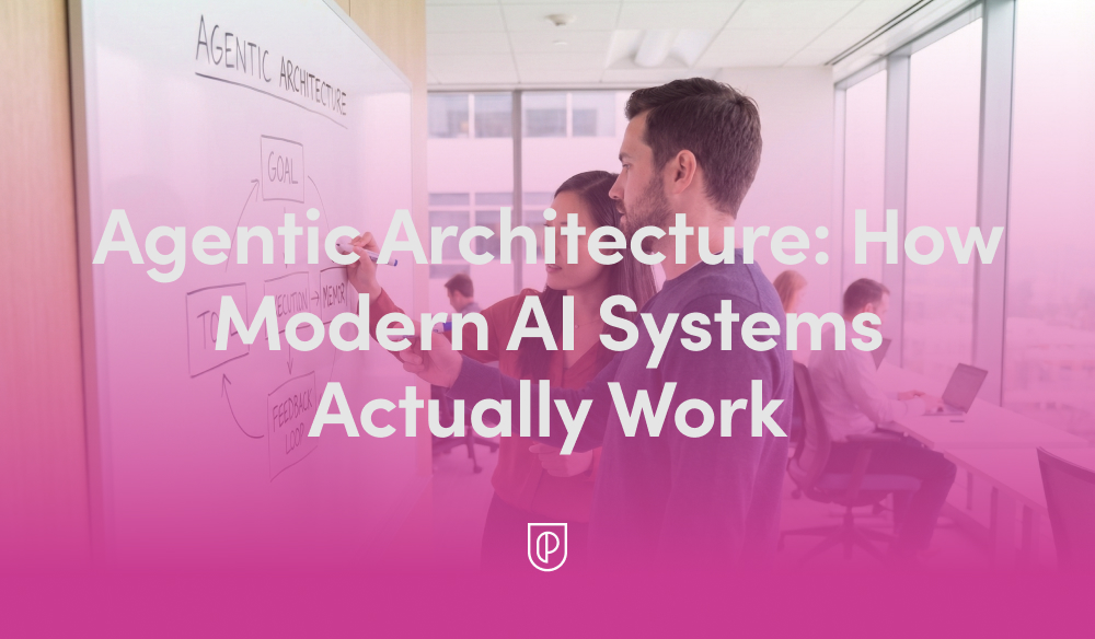 People collaborating at a whiteboard titled 'Agentic Architecture,' showing a flowchart of goals, tools, memory, and a feedback loop in a modern glass-walled office; cover image for modern AI systems.