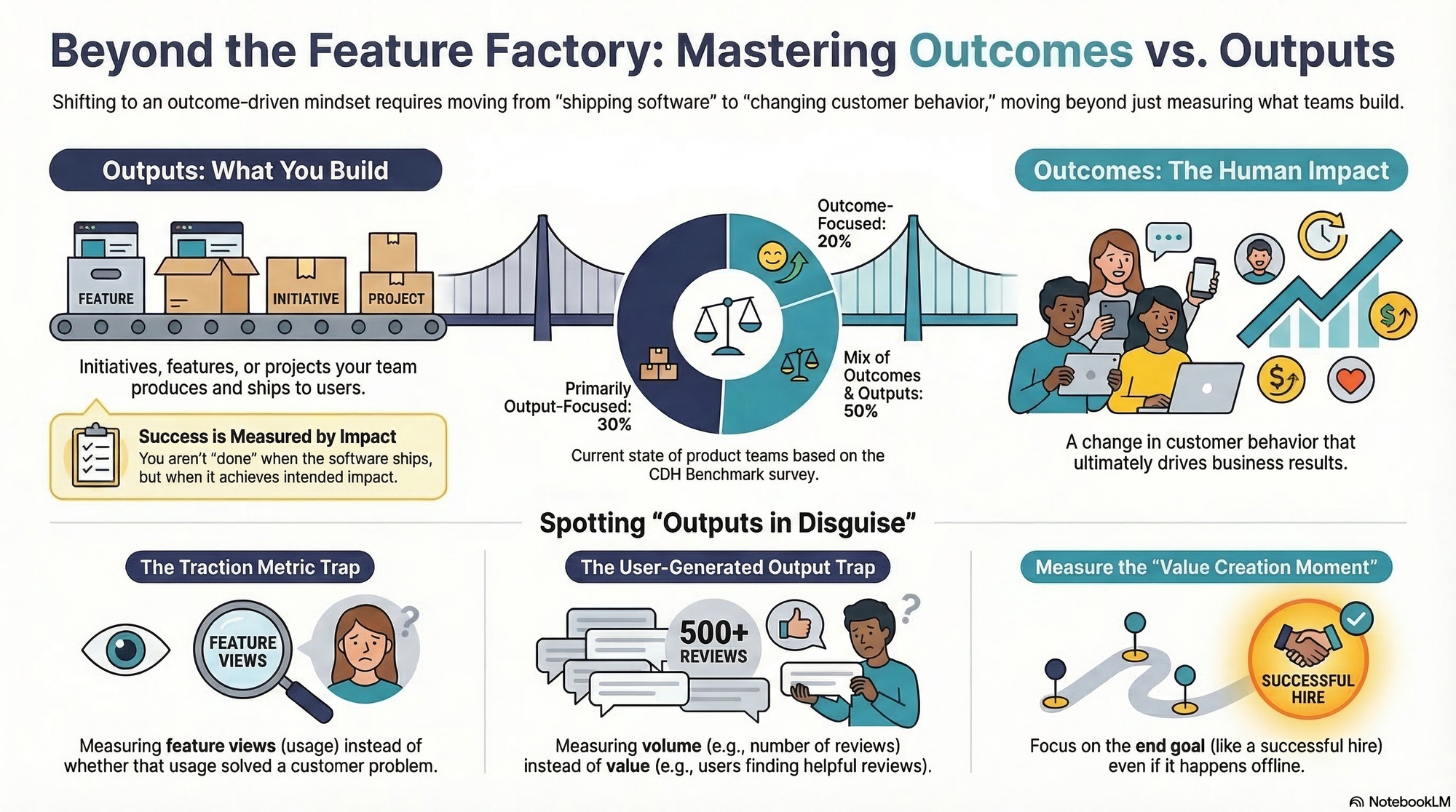Infographic on outcomes vs outputs in product management: conveyor belt of features and projects, pie chart of team focus, customer impact icons, metric traps, and a path highlighting a successful hire outcome.