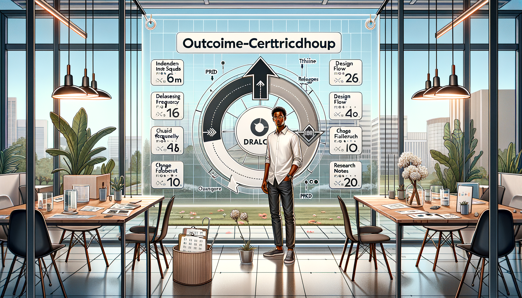 Modern glass-walled office with a professional standing before a large outcome‑centric dashboard showing circular OKR metrics, design flow stats, and research notes, surrounded by tables and plants.