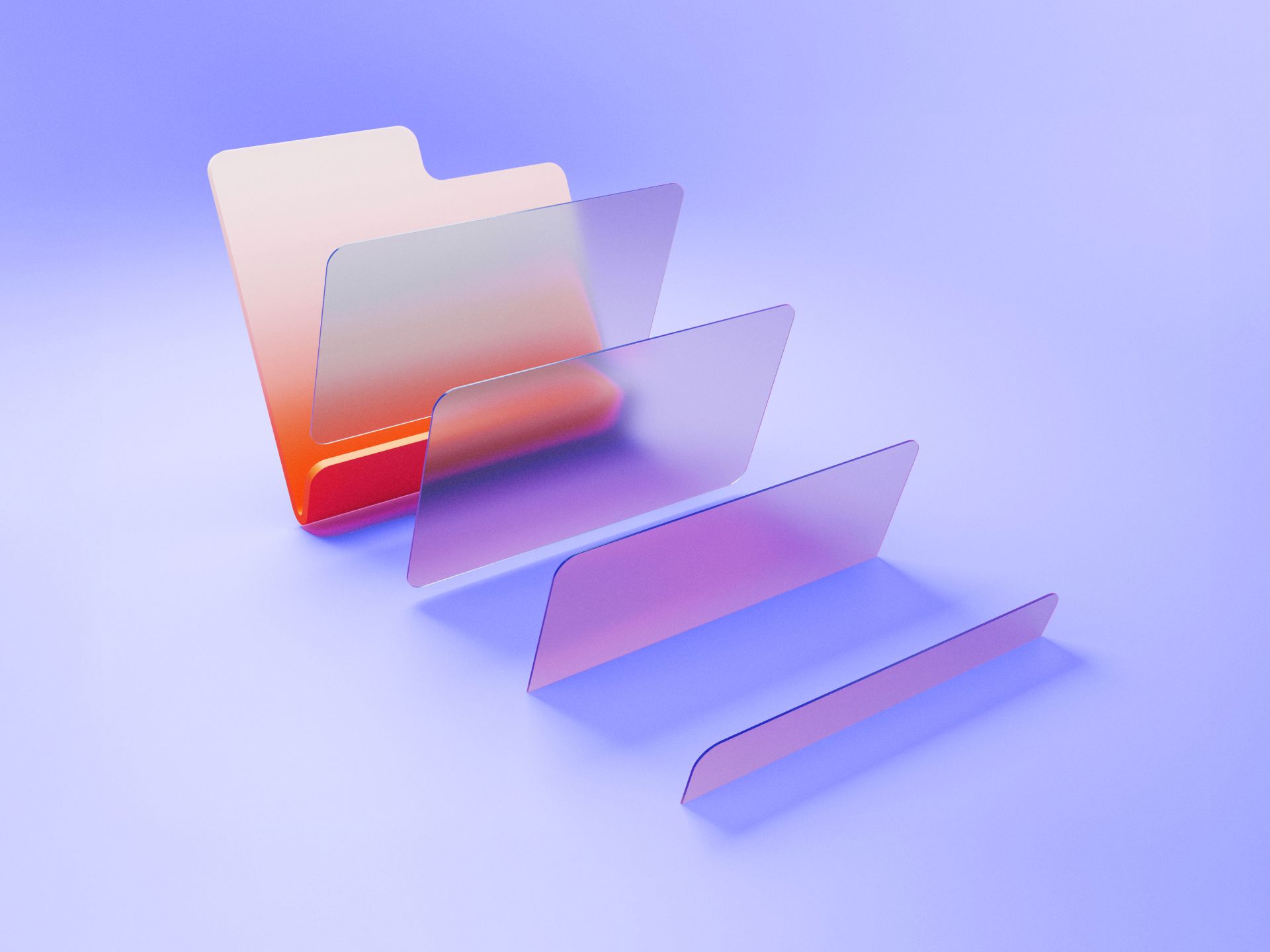 3D gradient file folder with cascading translucent panels on a soft purple background, illustrating organized hierarchy, sections, and layered documentation structure.