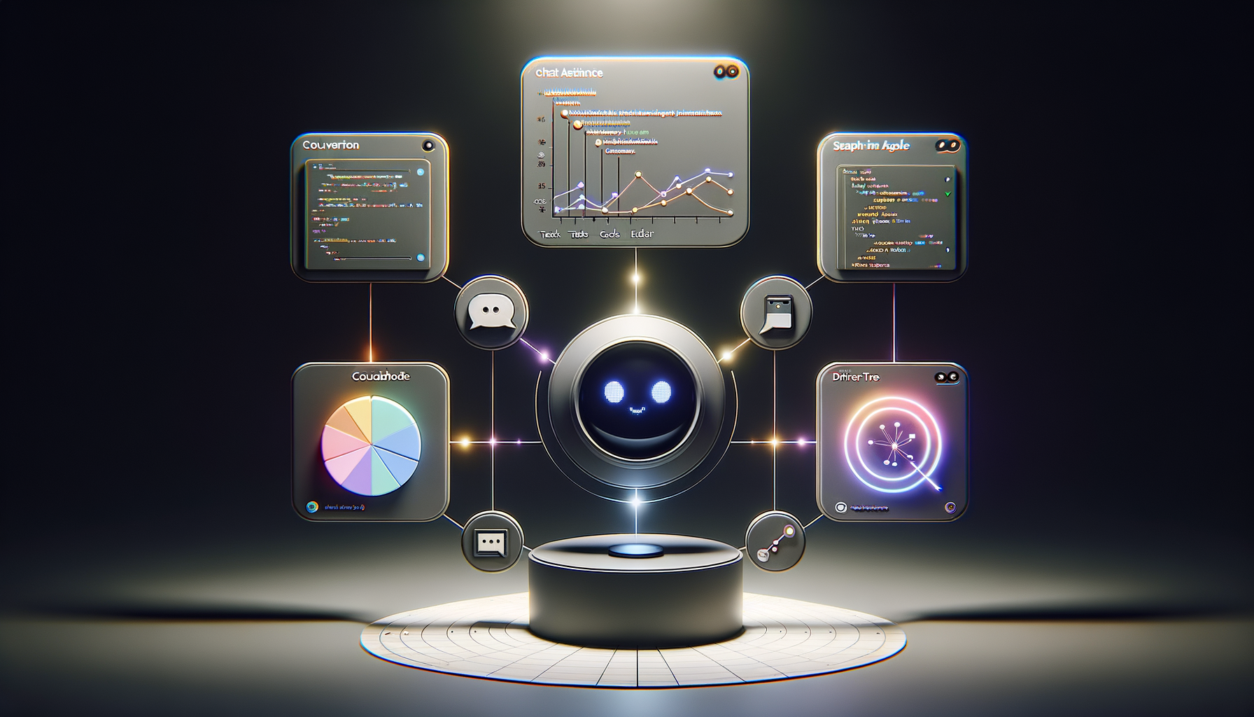 Futuristic 3D illustration of a central AI assistant linking floating dashboards: code editor panels, line and pie charts, a radial network graph, and chat icons on a dark neon background.