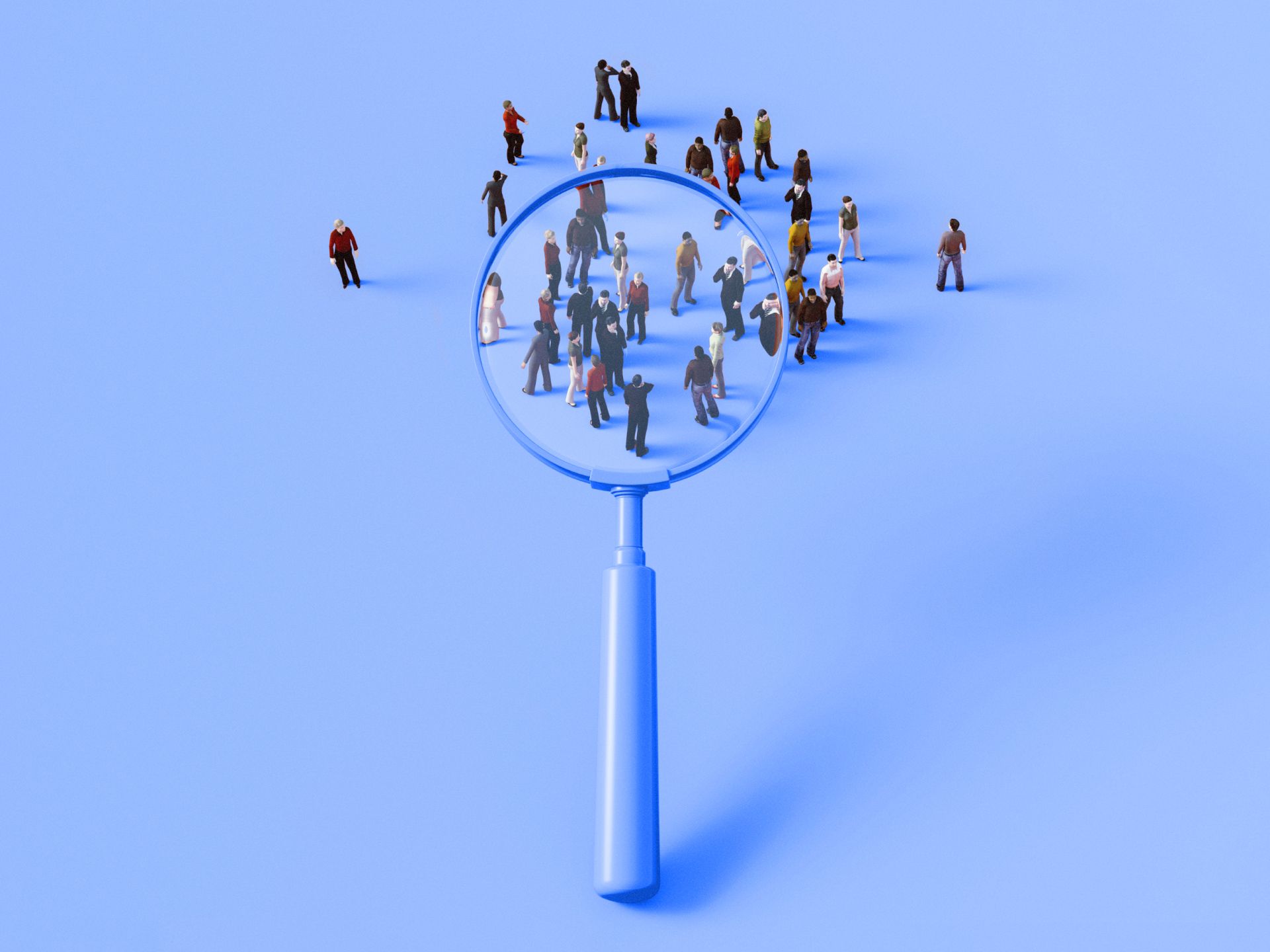 Blue 3D illustration of a magnifying glass enlarging a cluster of miniature people while a few stand outside the view, symbolizing sample selection, audience research, and statistical representativeness.
