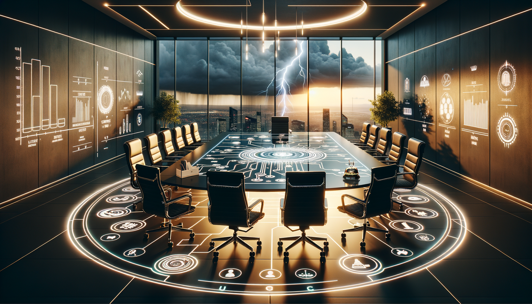 Futuristic boardroom with a smart conference table showing glowing circuit patterns, data dashboards on dark walls, sleek chairs, and a stormy skyline with lightning beyond floor‑to‑ceiling windows.