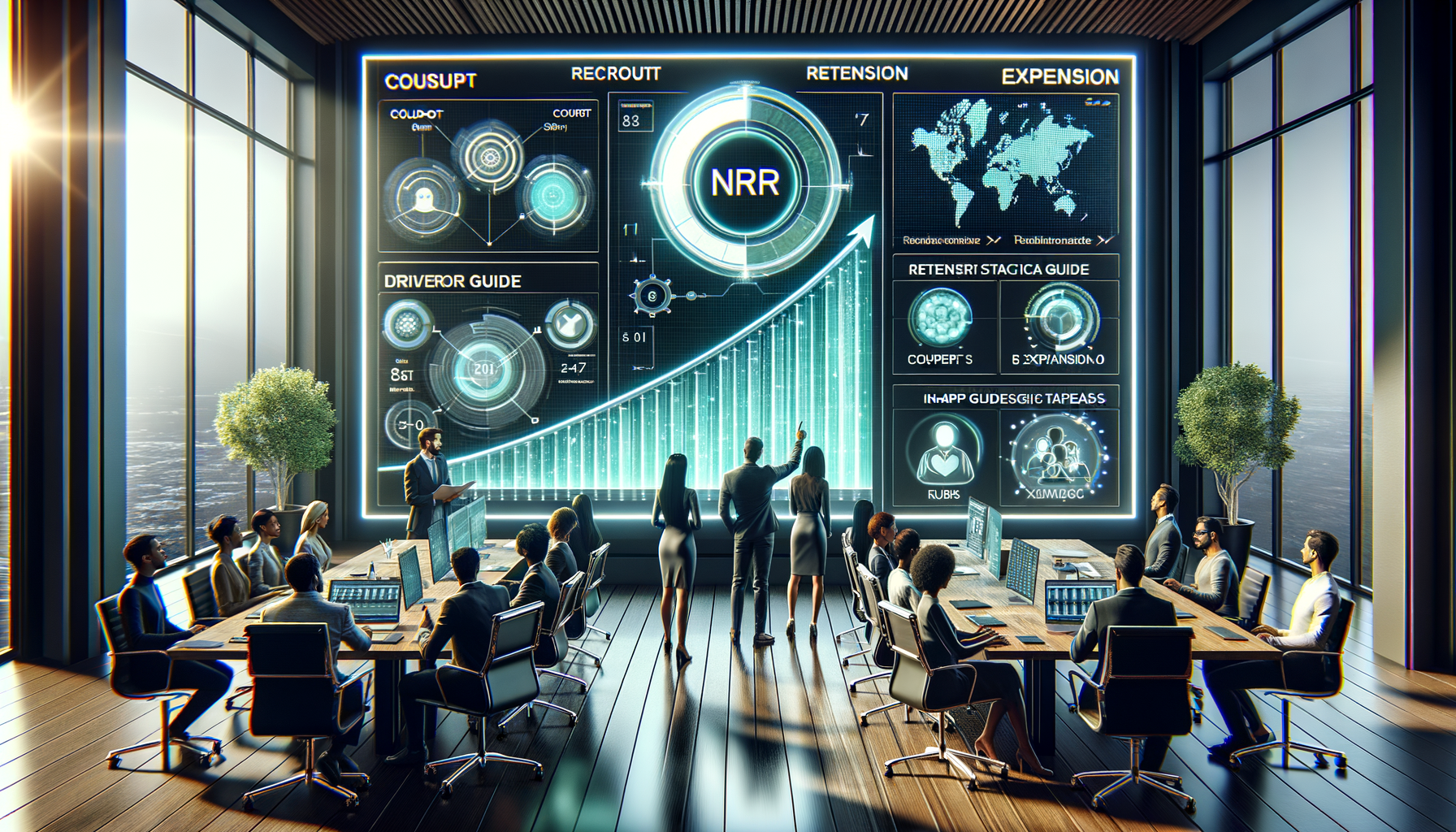 Modern boardroom where a diverse team reviews a giant digital dashboard of NRR metrics, growth charts, and a world expansion map, with laptops on a long table and sunset light through tall windows.
