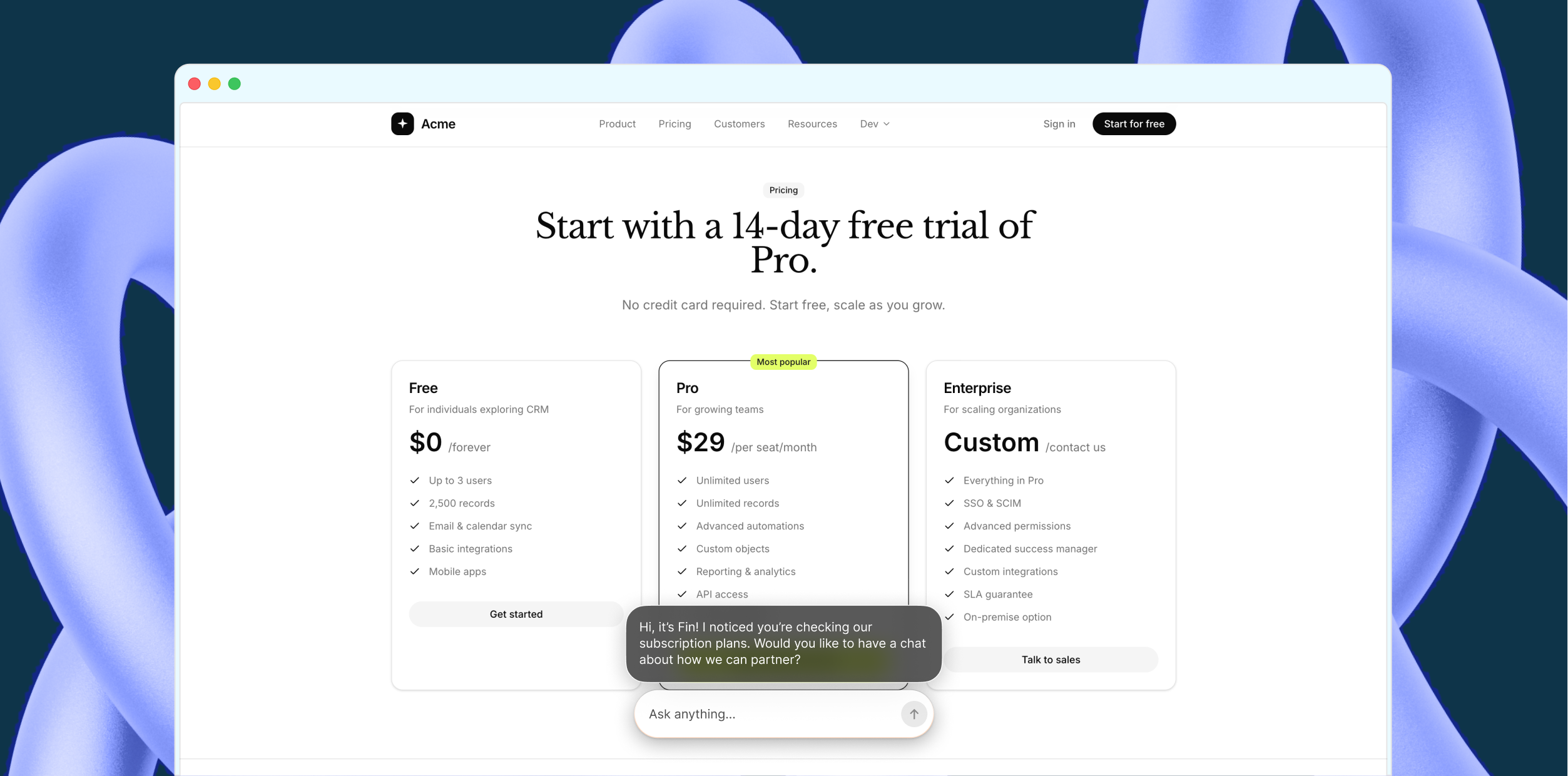 Mockup of a browser window showing a SaaS pricing page with Free, Pro $29 per seat, and Enterprise tiers, a Most popular badge on Pro, plus a Fin sales chat widget prompting visitors, on a dark abstract backdrop.