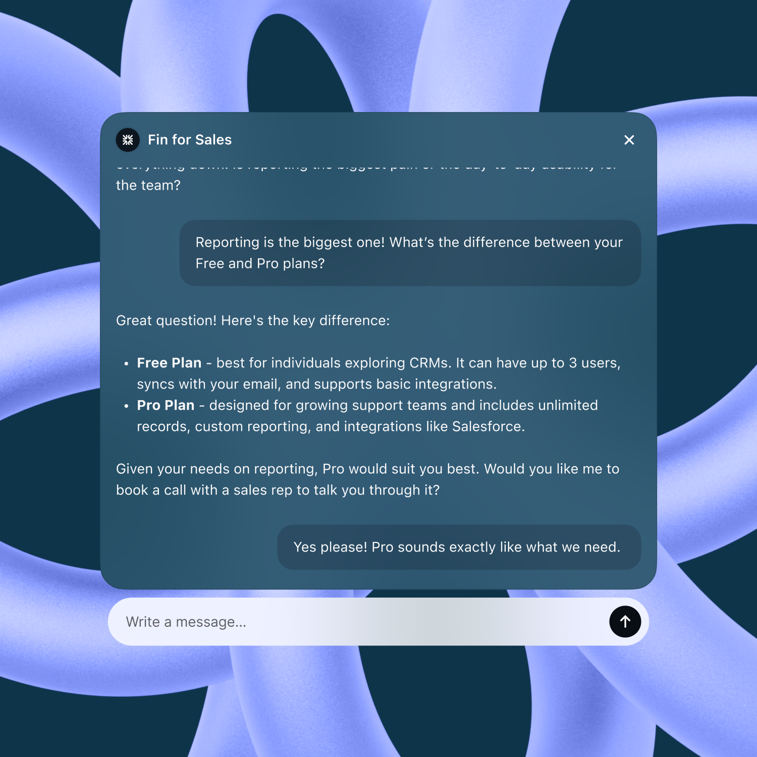 Screenshot of a Fin for Sales chat widget on a dark abstract background, where an AI assistant compares Free vs Pro CRM plans, recommends Pro for reporting needs, and offers to book a sales call.
