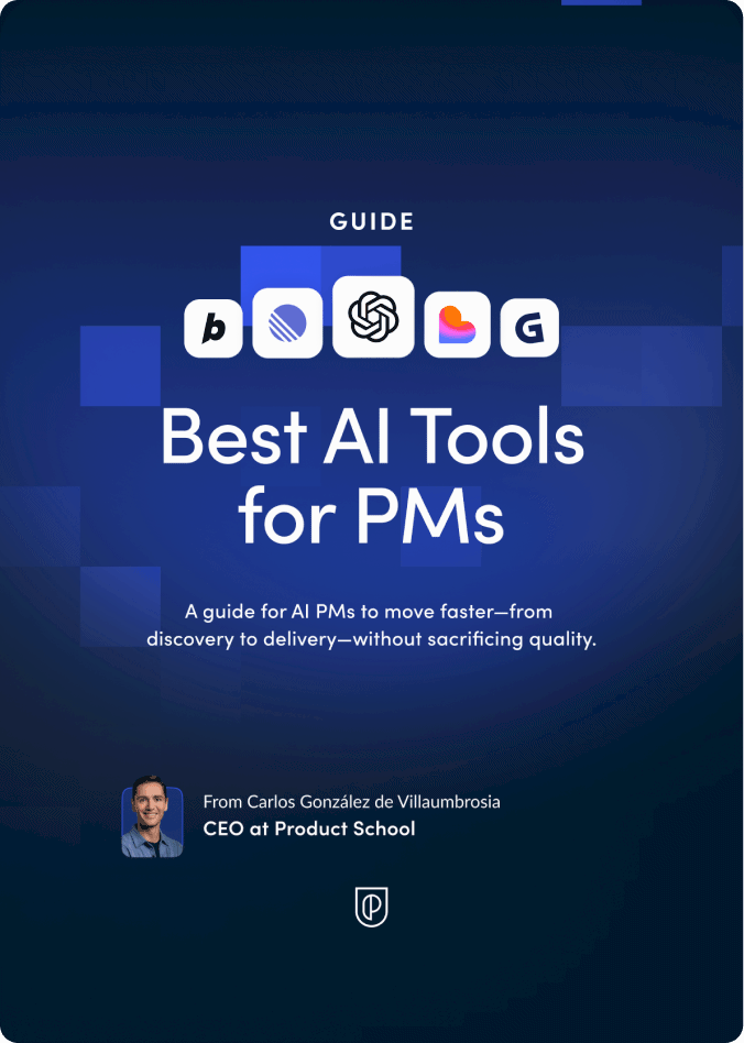 Cover for 'Best AI Tools for PMs' guide with dark blue gradient, row of AI app icons, subtitle on speeding product management from discovery to delivery, and Product School branding.