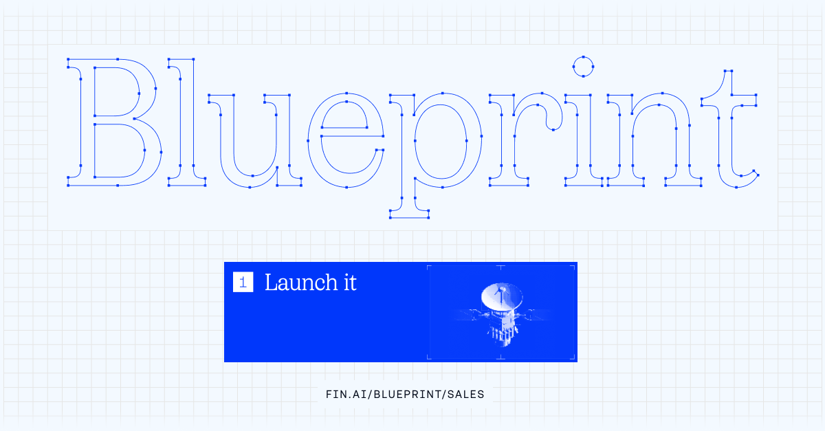 Vector-style 'Blueprint' title on a light grid with Bézier points, plus a royal-blue panel reading '1 Launch it' next to a satellite icon; footer shows FIN.AI/BLUEPRINT/SALES promoting the Sales Agent Blueprint.