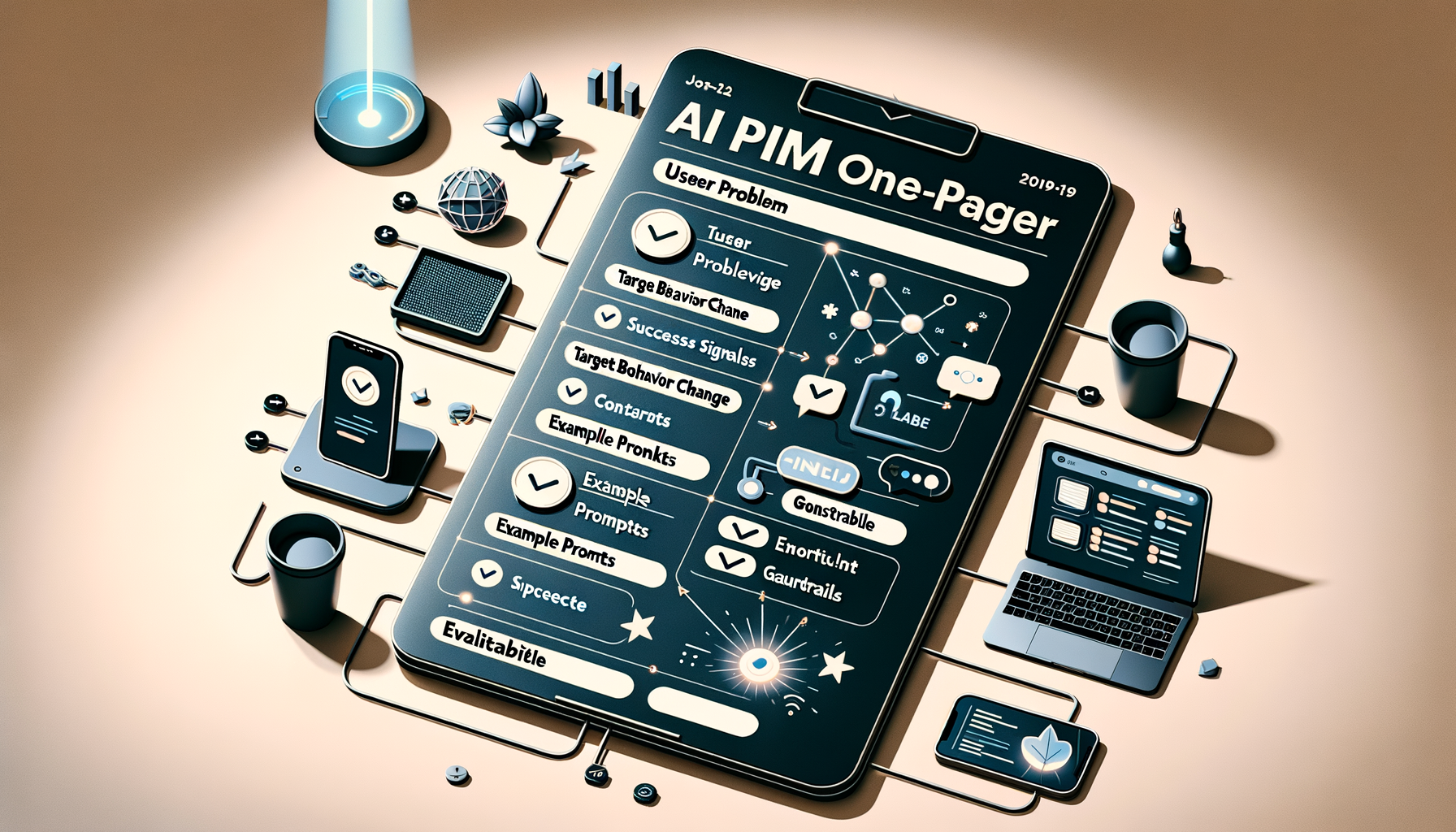 Isometric 3D illustration of a large smartphone UI titled AI PIM One-Pager, showing checklists, nodes, and diagrams, wired to a laptop, phone, and desk items by circuit-like traces.