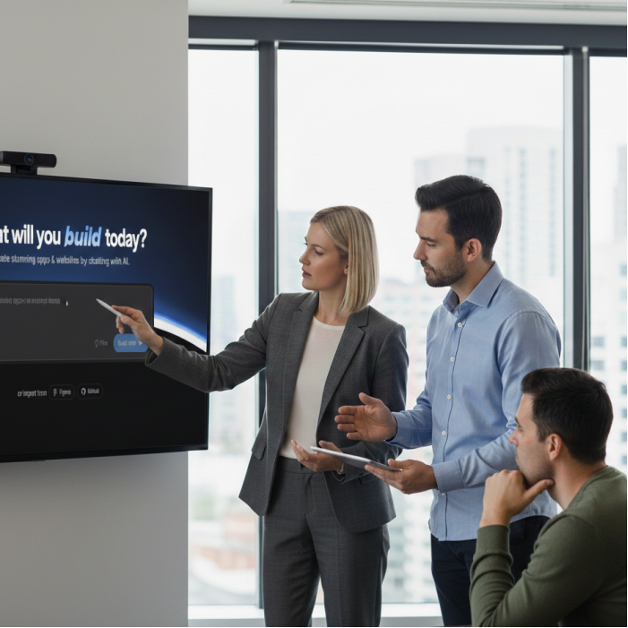 Team in a modern office reviews an app concept on a large screen as a presenter points to the interface, illustrating early product design and validation during a planning session.