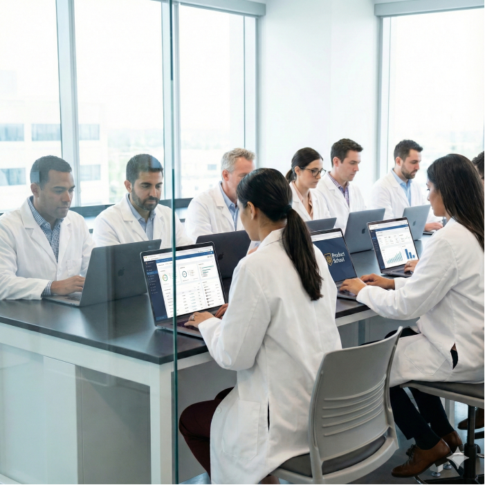 Team of professionals in white lab coats collaborating on laptops in a bright, glass-walled office, reviewing analytics dashboards and charts that reflect AI product experimentation and testing workflows.