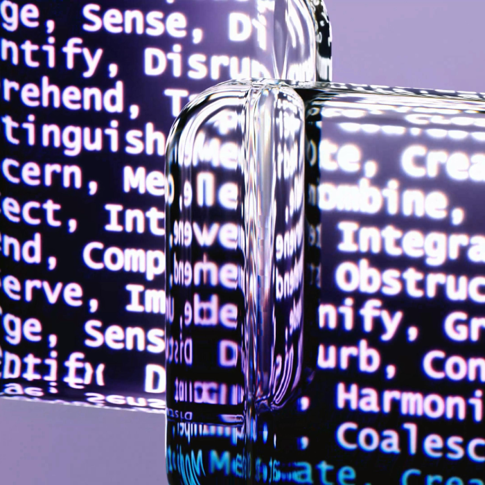 Abstract close-up of bright white text on a dark display, refracted and distorted by clear curved glass with purple tones, evoking code, data, and AI systems in a modern technology context.